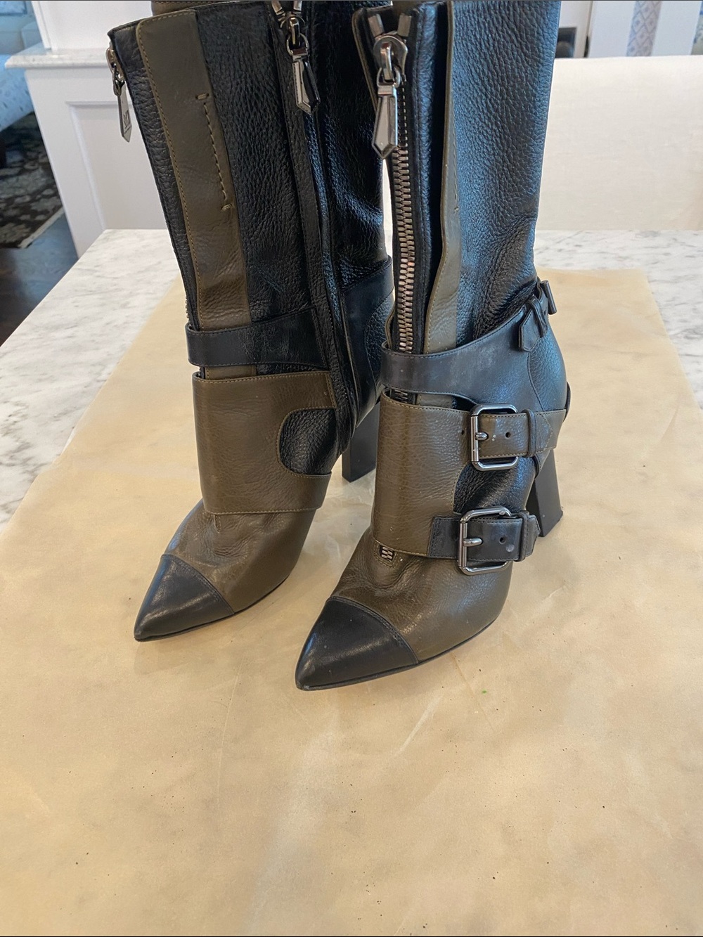 Reed Krakoff Two-Tone Pointed Toe Buckle Heeled Boots - Black & Olive